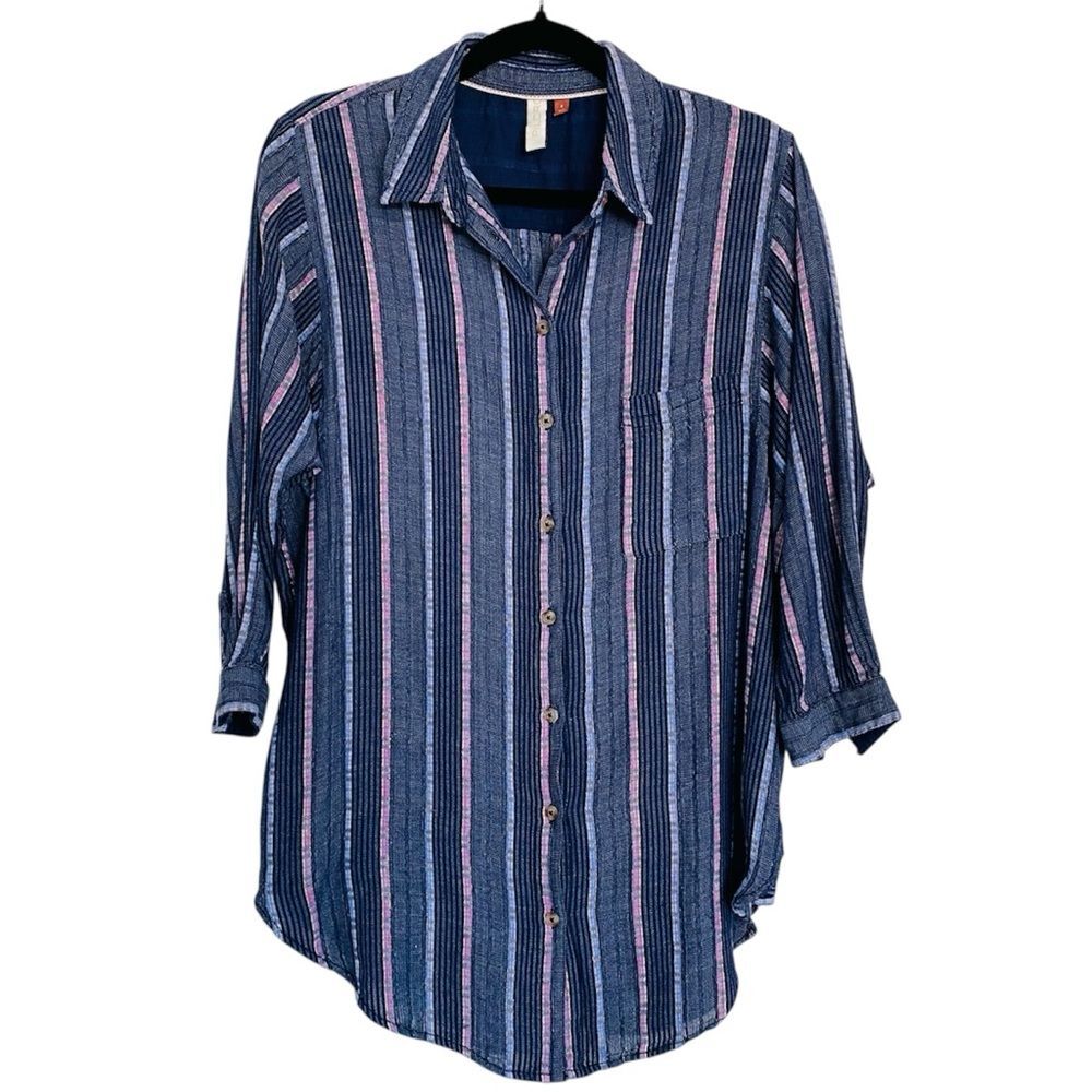 Anthro Pilcro The Bo Boyfriend Shirt Small Blue Pink Striped Metallic Tunic